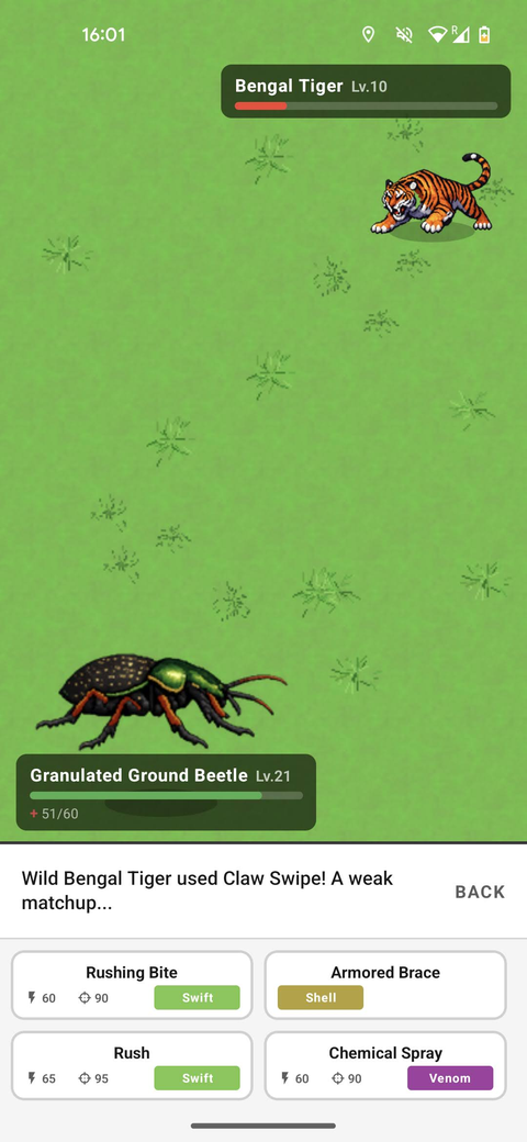 An Animalis battle — a wild Bengal Tiger versus the player's Granulated Ground Beetle, with move choices below