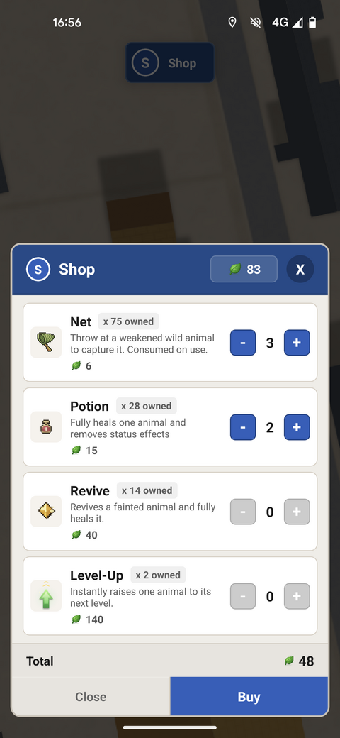 The in-game Animalis Shop — Nets, Potions, Revives and Level-Ups bought with Leaves