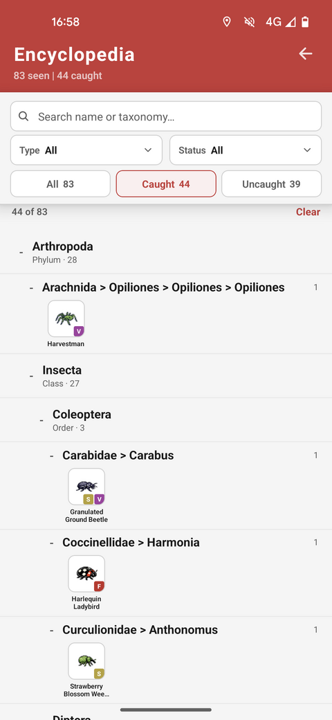 The Animalis encyclopedia — real species browsed by taxonomy, with seen and caught counts